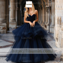 Load image into Gallery viewer, Custom Navy Blue Strapless Evening Prom Formal Lace Up Back Princess Dress A-1.28