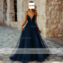 Load image into Gallery viewer, Custom Sexy V Neck Navy Blue Strapless Evening Prom Formal Lace Up Back Princess Dress A-1.29