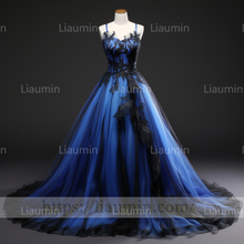 Load image into Gallery viewer, Blue Tulle Black Lace Applique Strapless Evening Party Prom Formal Occasion Princess Dress B-1.2