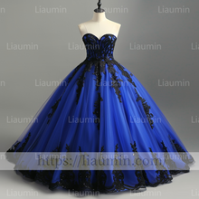 Load image into Gallery viewer, Blue Tulle Black Lace Applique Strapless Evening Party Prom Formal Occasion Princess Dress A-1.2