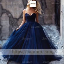 Load image into Gallery viewer, Custom Sexy Navy Blue Strapless Evening Prom Formal Lace Up Back Princess Dress A-1.30