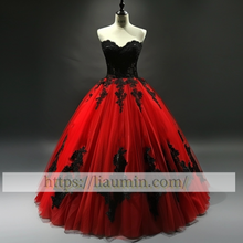 Load image into Gallery viewer, Red Tulle Black Applique Strapless Evening Dress Party Prom Formal Princess Homecoming Skirt A-1.36