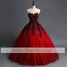 Load image into Gallery viewer, Red Tulle Black Applique Strapless Evening Dress Party Prom Formal Princess Homecoming Skirt A-1.38