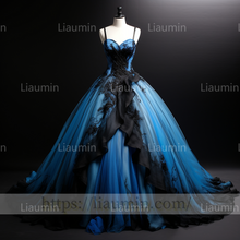 Load image into Gallery viewer, Blue Tulle Black Lace Applique Strapless Evening Party Prom Formal Occasion Princess Dress B-1.3