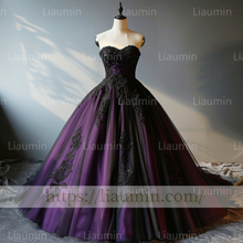 Load image into Gallery viewer, Purple Tulle Black Lace Applique Strapless Evening Party Prom Formal Occasion Princess Dress A-1.3