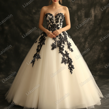 Load image into Gallery viewer, Ivory Tulle and Black Lace Applique Wedding Evening Prom Formal Lace Up Back Princess Dress C-1.3
