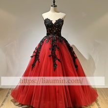 Load image into Gallery viewer, Red Tulle and Black Applique Strapless Evening Dress Prom Formal Princess Homecoming Skirt A-1.40