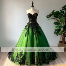 Load image into Gallery viewer, Green Tulle and Black Lace Applique Strapless Evening Prom Princess Homecoming Dress A-1.47