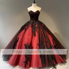Load image into Gallery viewer, Red Tulle Black Lace Applique Evening Prom Dress Formal Dress Lace Up Back Princess Homecoming Skirt A-1.48