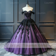 Load image into Gallery viewer, Classic Purple Tulle Black Lace Applique Off the Shoulder Evening Party Prom Formal Occasion Princess Dress A-1.5
