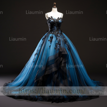 Load image into Gallery viewer, Blue Tulle Black Lace Applique Strapless Evening Party Prom Formal Occasion Princess Dress B-1.4