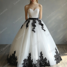 Load image into Gallery viewer, White Tulle and Black Lace Applique Strapless Wedding Evening Prom Formal Lace Up Back Princess Dress C-1.4