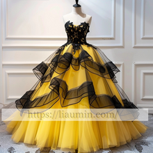Load image into Gallery viewer, Yellow Tulle Black Lace Applique Evening Prom Dress Formal Dress Lace Up Back Princess Homecoming Skirt A-1.50