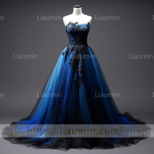 Load image into Gallery viewer, Blue Tulle Black Lace Applique A Line Strapless Evening Party Prom Formal Occasion Princess Dress B-1.5