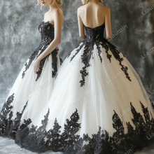 Load image into Gallery viewer, White Tulle and Black Lace Applique Strapless Wedding Evening Prom Formal Lace Up Back Princess Dress C-1.5