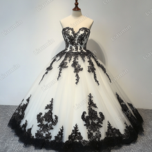 Load image into Gallery viewer, White Tulle and Black Lace Applique Strapless Wedding Evening Prom Formal Lace Up Back Princess Dress C-1.6