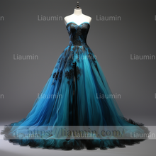 Load image into Gallery viewer, Blue Tulle Black Lace Applique Strapless Evening Party Prom Formal Occasion Princess Dress B-1.6