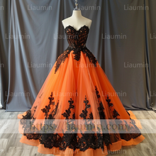 Load image into Gallery viewer, Custom Made Classic Orange Tulle Black Lace Applique Off the Shoulder Evening Party Prom Formal Occasion Princess Dress A-1.6