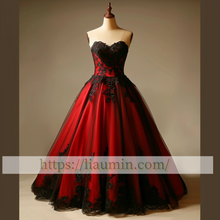 Load image into Gallery viewer, Red Tulle and Black Lace Applique Strapless Evening Prom Formal Dress Custom Size A-1.78