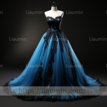Load image into Gallery viewer, Blue Tulle Black Lace Applique A Line Strapless Evening Party Prom Formal Occasion Princess Dress B-1.7
