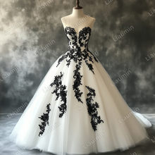 Load image into Gallery viewer, White Tulle and Black Lace Applique Strapless Wedding Evening Prom Formal Lace Up Back Princess Dress C-1.7