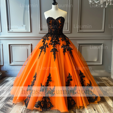 Load image into Gallery viewer, Custom Hand Made Orange Tulle Black Lace Applique Strapless Evening Party Prom Formal Occasion Princess Dress A-1.7