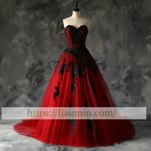 Load image into Gallery viewer, Red Tulle and Black Lace Applique Strapless Evening Prom Formal Dress Custom Size A-1.82