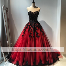 Load image into Gallery viewer, Red Tulle and Black Lace Applique Strapless Evening Prom Formal Princess Dress Custom A-1.85
