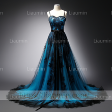 Load image into Gallery viewer, Blue Tulle Black Lace Applique Strap Evening Party Prom Formal Occasion Princess Dress B-1.8
