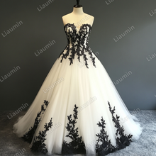 Load image into Gallery viewer, White Tulle Black Lace Applique Strapless Wedding Evening Prom Formal Lace Up Back Princess Dress C-1.8