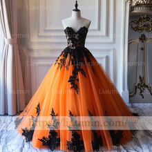 Load image into Gallery viewer, Custom Made Orange Tulle Black Lace Applique Strapless Evening Party Prom Formal Lace Up Back Princess Dress A-1.8