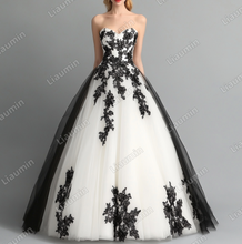 Load image into Gallery viewer, White Tulle and Black Lace Applique Strapless Wedding Evening Prom Formal Lace Up Back Princess Dress C-1.9