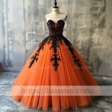 Load image into Gallery viewer, Custom Made Orange Tulle Black Lace Applique Strapless Evening Prom Formal Lace Up Back Princess Dress A-1.9