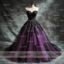 Load image into Gallery viewer, Purple Tulle and Black Strapless Wedding Evening Prom Formal Princess Dress W19.20.1