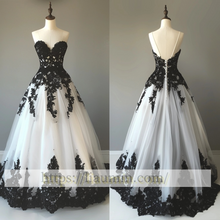 Load image into Gallery viewer, White Tulle and Black Lace Applique Strapless Wedding Dress Prom Princess Dress W13-20.2