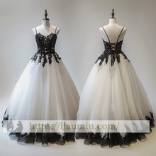 Load image into Gallery viewer, White Tulle and Black Lace Applique spaghetti straps Wedding Dress Prom Princess Dress W13-20.4