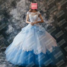 Load image into Gallery viewer, White Tulle and Blue Cap Sleeve Wedding Evening Prom Formal Princess Dress W19.21.10