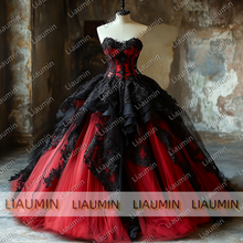 Load image into Gallery viewer, Red Tulle and Black Strapless Wedding Evening Prom Formal Princess Dress W19.21.13