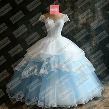 Load image into Gallery viewer, White Tulle and Blue Cap Sleeve Wedding Evening Prom Formal Princess Dress W19.21.9