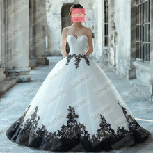 Load image into Gallery viewer, White Tulle and Black Lace Applique Strapless Wedding Evening Prom Formal Princess Dress W19.22.10