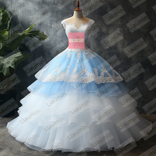 Load image into Gallery viewer, White Tulle and Blue Cap Sleeve Wedding Evening Prom Formal Princess Dress W19.22.2