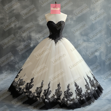 Load image into Gallery viewer, Ivory Tulle and Black Lace Applique Strapless Wedding Evening Prom Formal Princess Dress W19.22.5