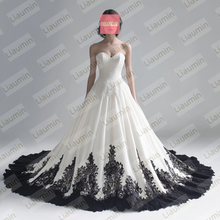 Load image into Gallery viewer, White Tulle and Black Lace Applique Strapless Wedding Evening Prom Formal Princess Dress W19.22.8