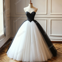 Load image into Gallery viewer, Custom White Black Tulle Strapless Wedding Evening Prom Formal Lace Up Back Princess Dress C-2.10