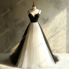 Load image into Gallery viewer, Custom Ivory Black Tulle Strap Wedding Evening Prom Formal Lace Up Back Princess Dress C-2.11