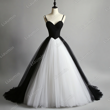 Load image into Gallery viewer, Custom White Black Tulle Strap Wedding Evening Prom Formal Lace Up Back Princess Dress C-2.12