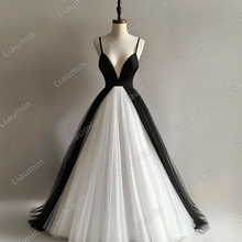 Load image into Gallery viewer, Custom White Black Tulle Strap V Neck Wedding Evening Prom Formal Lace Up Back Princess Dress C-2.13