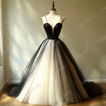 Load image into Gallery viewer, Custom Ivory Black Tulle Strap Wedding Evening Prom Formal Lace Up Back Princess Dress C-2.14