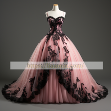 Load image into Gallery viewer, Pink Tulle and Black Lace Applique Full Length Evening Party Prom Princess Dress Custom W5-2.15