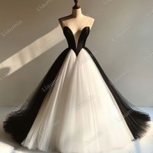 Load image into Gallery viewer, Custom Ivory Black Tulle Strap Wedding Evening Prom Formal Lace Up Back Princess Dress C-2.15